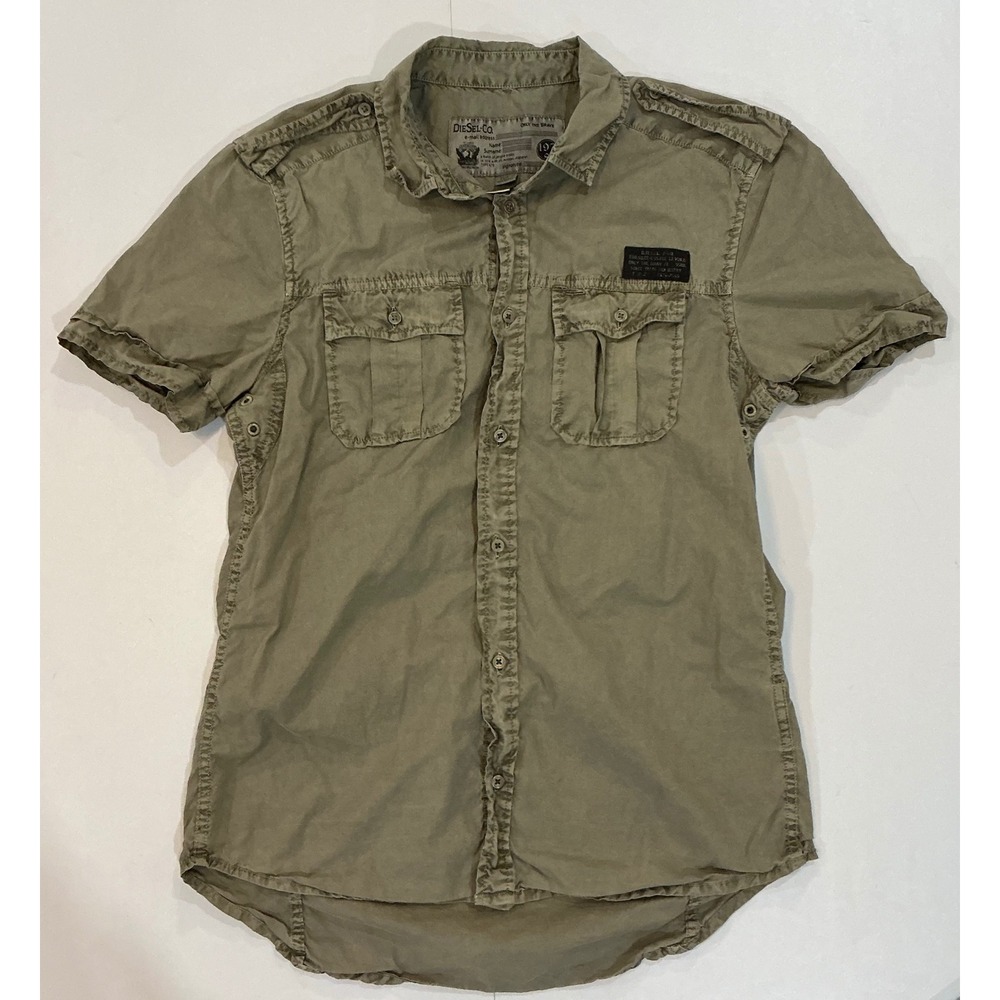 Diesel Military Utility Short Sleeve Button Up Shirt Women M Olive Green